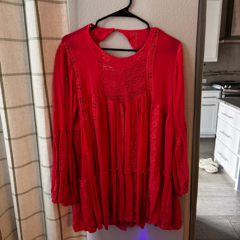 Hot Pink Free People Lace Boho Long Sleeve Blouse